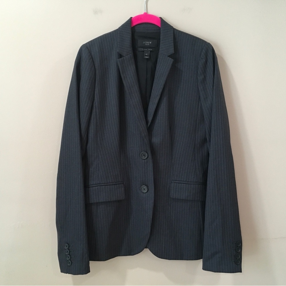 J.CREW 1035 Super 120s Women’s 2T Wool Tailored  Blazer Pinstripes Charcoal